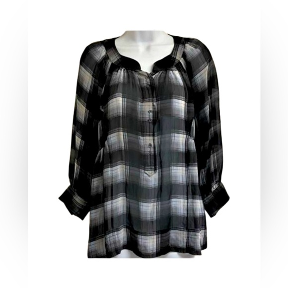 BCBGMaxAzria Black and White Plaid Long Sleeve Silk Blouse - Picture 1 of 8